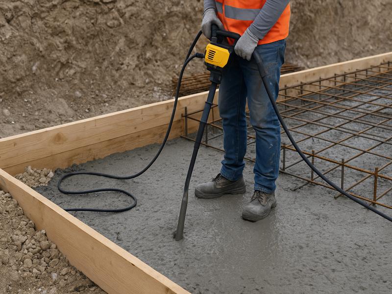 Concrete pour construction workers vibrating formwork